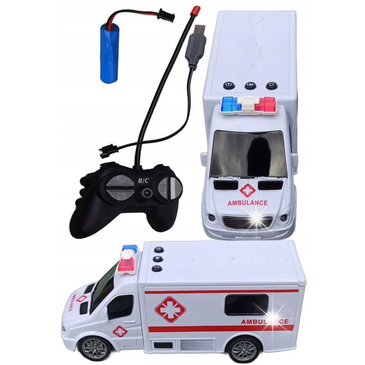 Mentőautó RC integrált, 20x9x7cm, hang és fény, járműkészlet, pilóta, akkumulátor, USB töltő