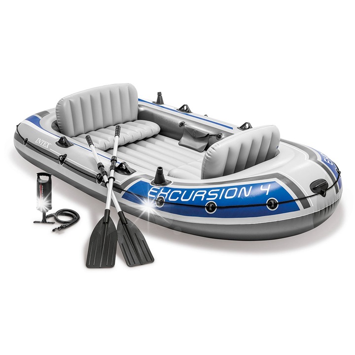 Barca gonflabila, Intex, 315x165x43 cm, 4 persoane, 400 kg, cu vasle si pompa