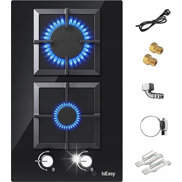 Gázfőzőlap, 2 égős, IsEasy, üveg/öntöttvas, 52x31x5,5cm, fekete