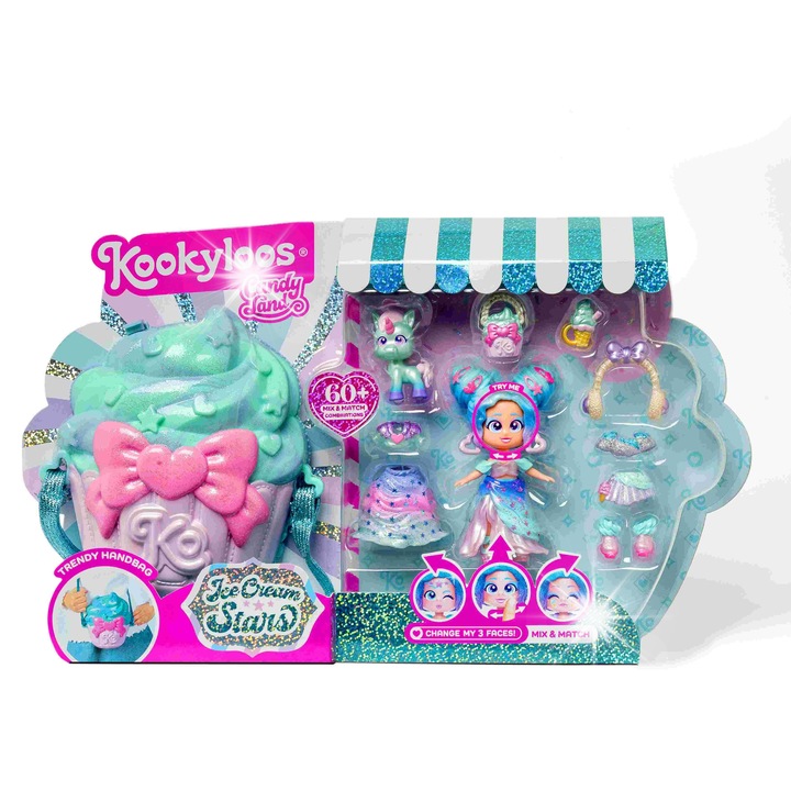 Комплект кукли Kookyloos Deluxe Ice Cream Stars, 2 кукли, 3 тоалета, 1 торта-чашка, 1 еднорог, многоцветен