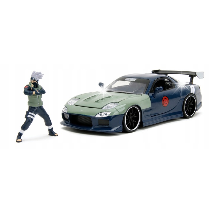 Fém autómodell, 1993 Mazda RX-7, Jada, Kakashi Hatake figura, 20x9x6cm, 1:24