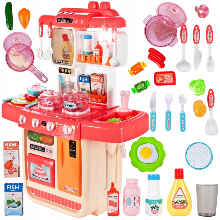 Bucatarie copii MalPlay, roz, cu efect de abur, sunet, set complet