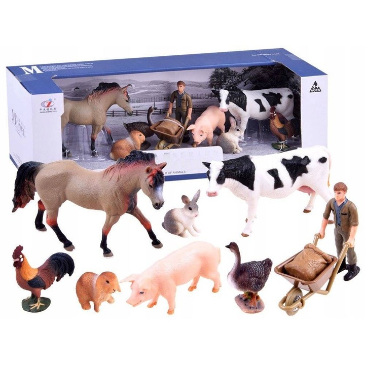 Комплект фигурки животни от фермата, Jokomisiada, включва фермер, многоцветен, различни размери