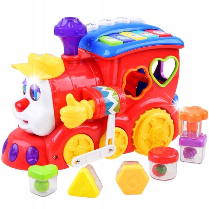 Интерактивен локомотив Jokomisiada, комплект с цветни блокчета, музика, светлини, 22x14x16см