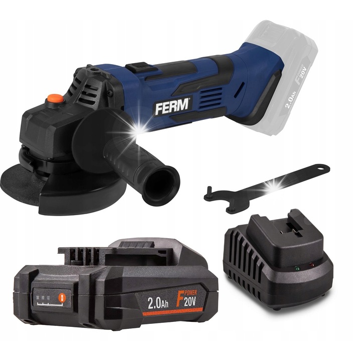 FERM AGM1125 20V sarokcsiszoló, 115mm, vezeték nélküli, 8000 ford./perc, komplett készlet