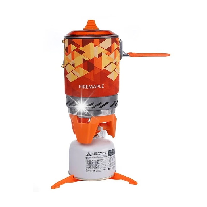 Arzator camping Fire-Maple FMS-X2, set cu oala de 1L, 2200W, portabil, portocalie, dimensiuni 25.4x26.5cm