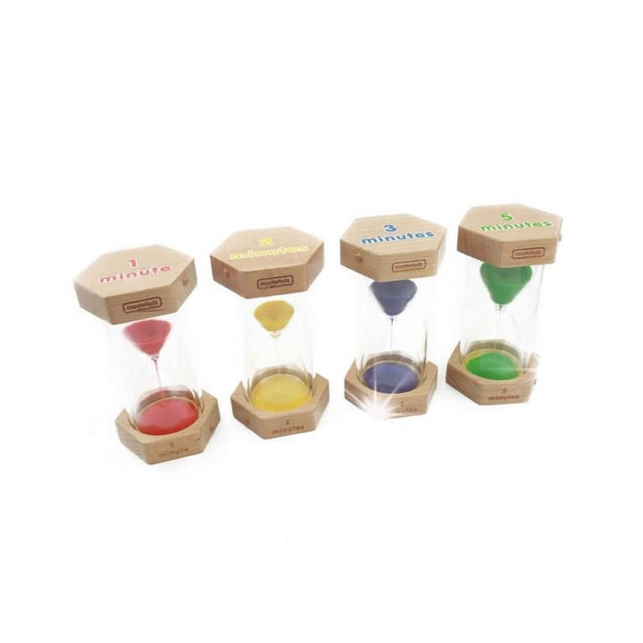 Set de 4 clepsidre din lemn cu nisip, Masterkidz, invatare despre timp, multicolor, 39,2x8,6x18cm