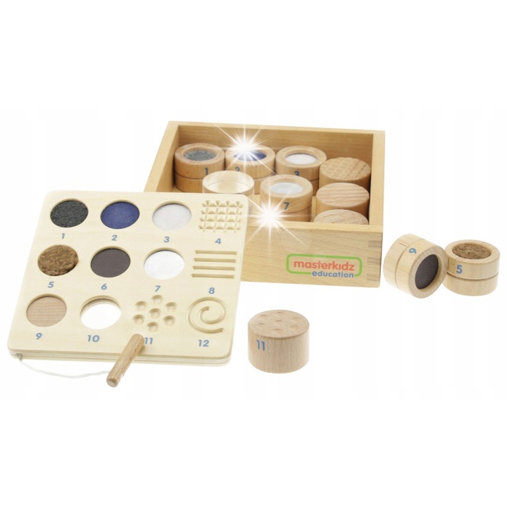 Set 12 blocuri din lemn Masterkidz, Woopie, diverse materiale si texturi, 20x20x5,3cm