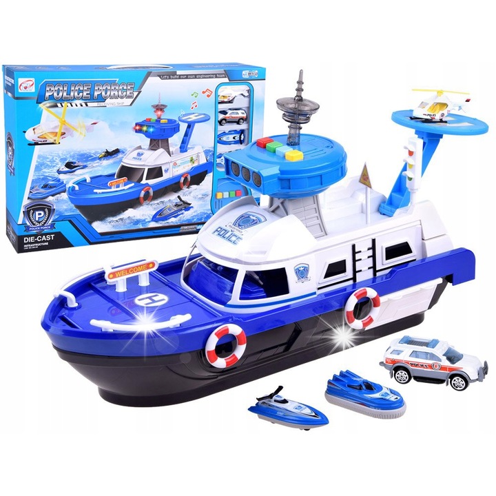 Rendőrautó készlet hajóval, helikopterrel, Jokomisiada, fehér-kék, 39x17x27cm