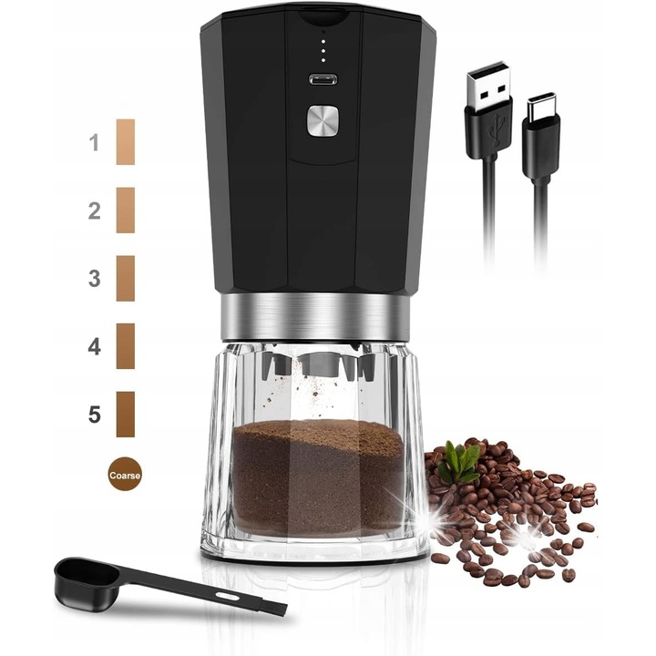 Macinator de cafea electric fara fir MatMay, ceramica, capacitate 280g, design compact, negru