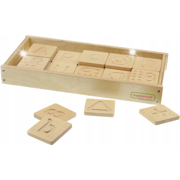 Set educativ din lemn Masterkidz, 40 placi cu litere, cifre si forme, 41,4x20,1x5,3cm