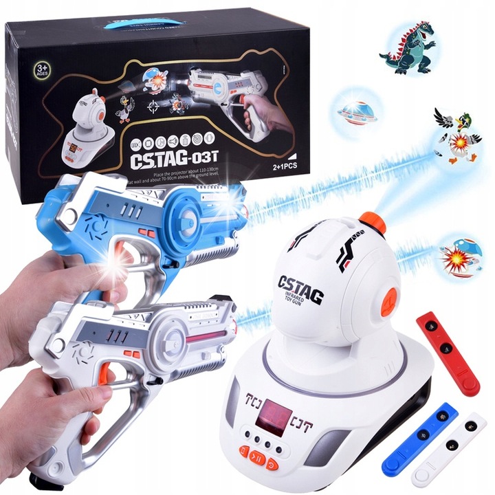 Set de arme de jucarie, Jokomisiada, 2 pistoale laser cu proiector, efecte sonore, dimensiuni 28,5x18x4,5cm, 17x15x12cm