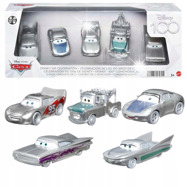 Set 5 masinute Cars, Zygzak McQueen, Lola, Sally, Zlomek, Roman, 1:55, platinat