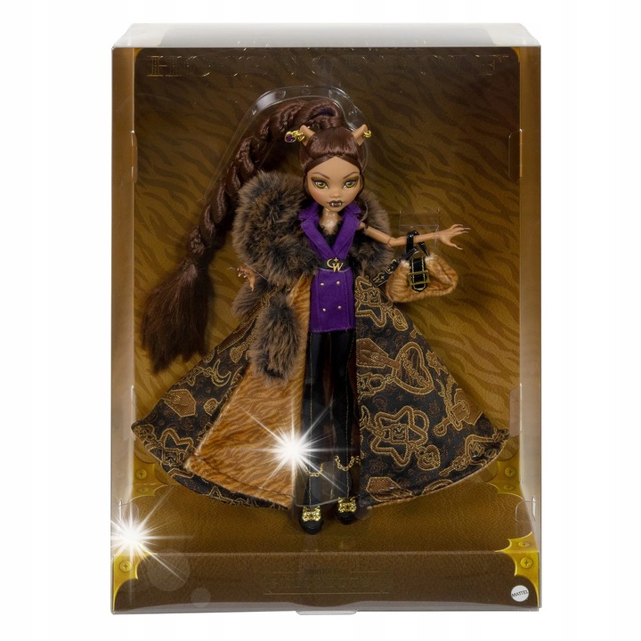 Papusa colectie Monster High Clawdeen, palton cu blana artificiala, rochie mov, accesorii aurii