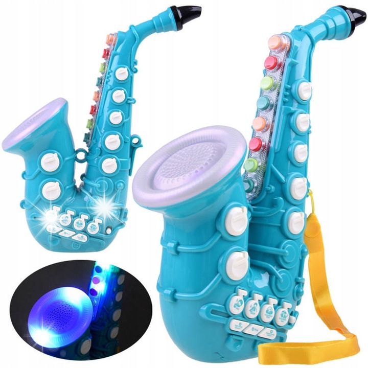 Saxofon interactiv pentru copii, Jokomisiada, 10 melodii, efecte luminoase, albastru, 29x15x7cm