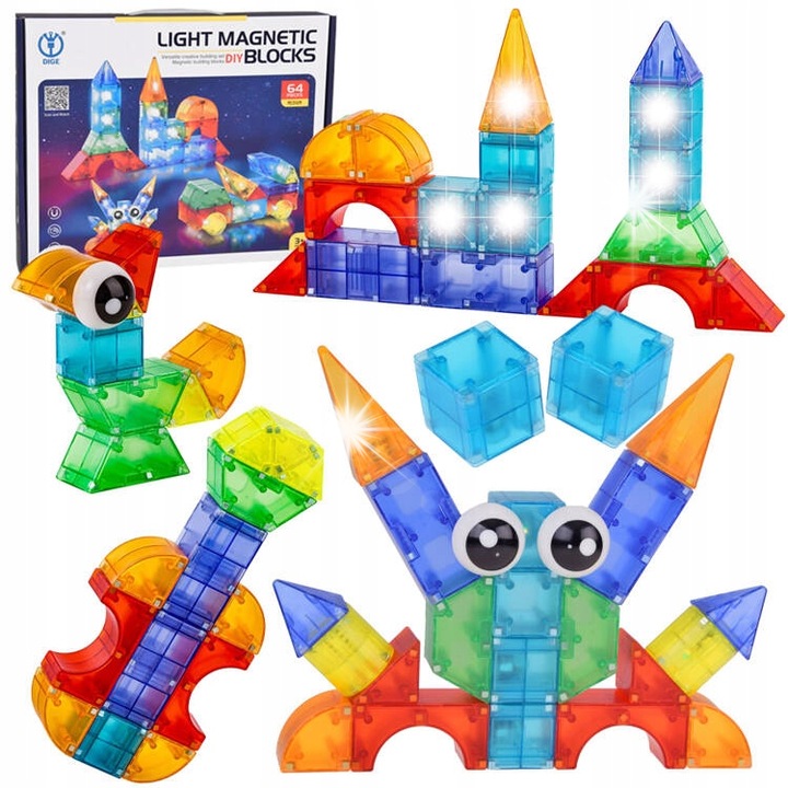 Set de constructie Jokomisiada, magnetice 3D, 64 elemente, iluminare, 30x25x4cm