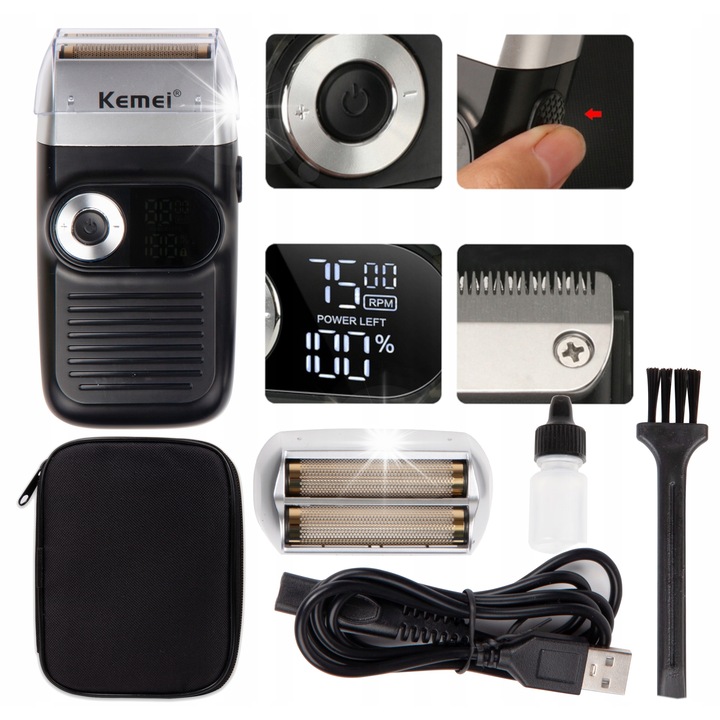 Masina de tuns Kemei KM-2026, folioasa, cu display LED, neagra, set complet