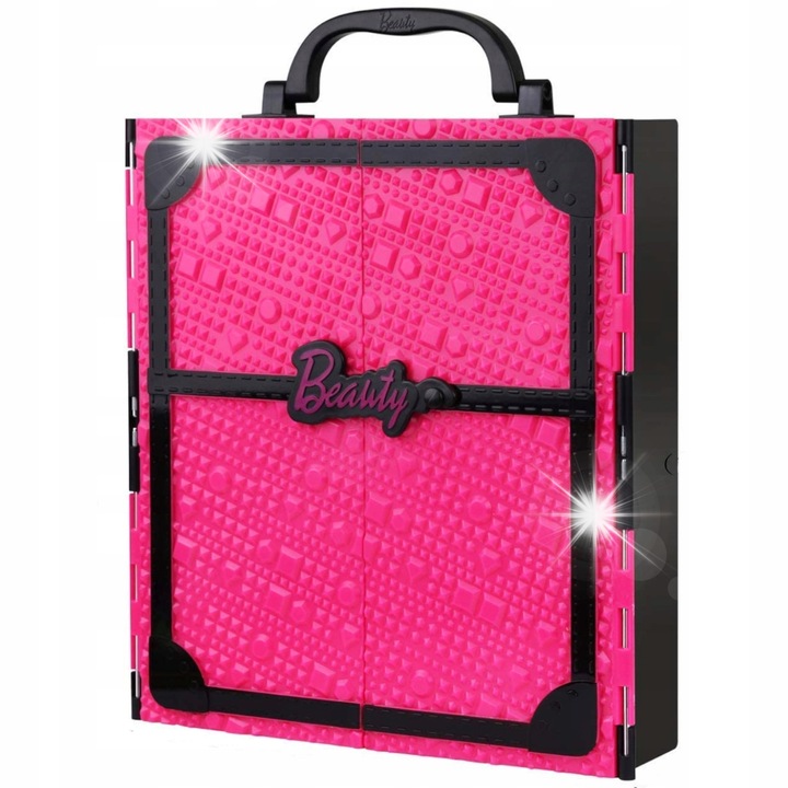 Set garderoba pentru papusi Kinderini, papusa cu par blond, 3 rochii, accesorii, roz/negru, 30cm