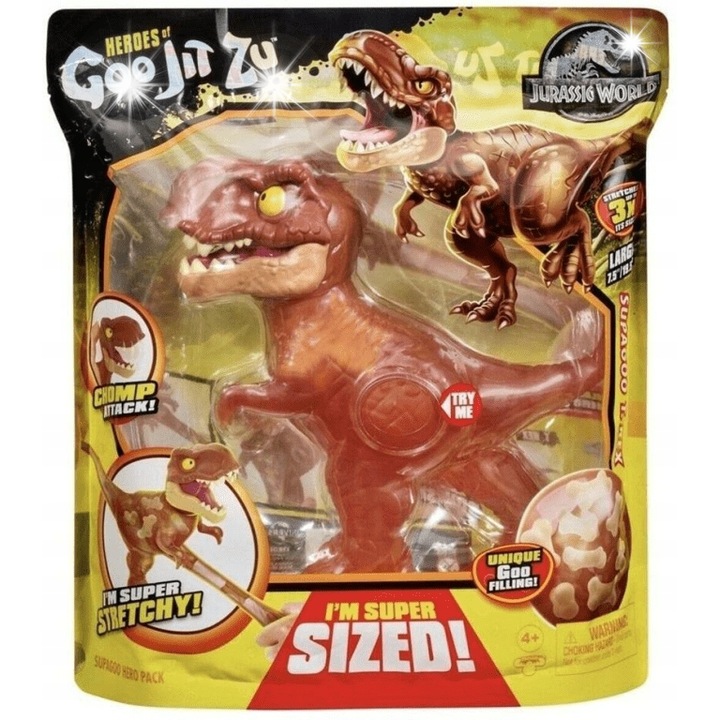 Figurina Goo Jit Zu Jurassic World Supagoo T-Rex, 19.5cm, cu umplutura gel, pentru copii 4+ ani