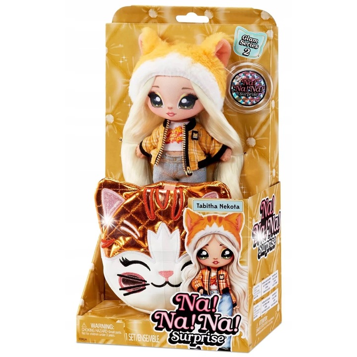 Papusa Na! Na! Na! Surprise Glam Tabitha Nekota cu geanta pisica, material metalic, 2 articole