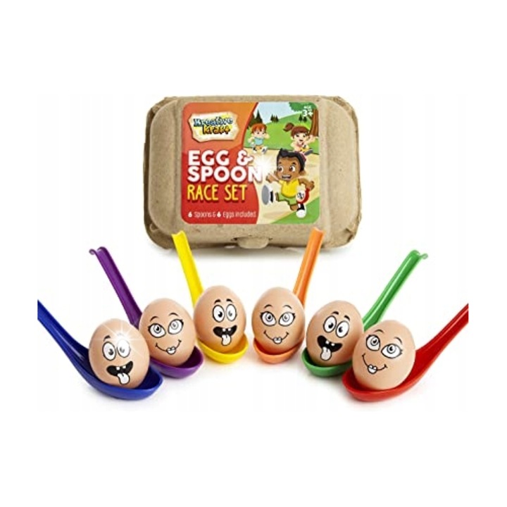 Tojásfutam játékszett, KreativeKraft, 6 tojás, 6 kanál, 1-6 játékos részére, kültéri, 3 éves kortól