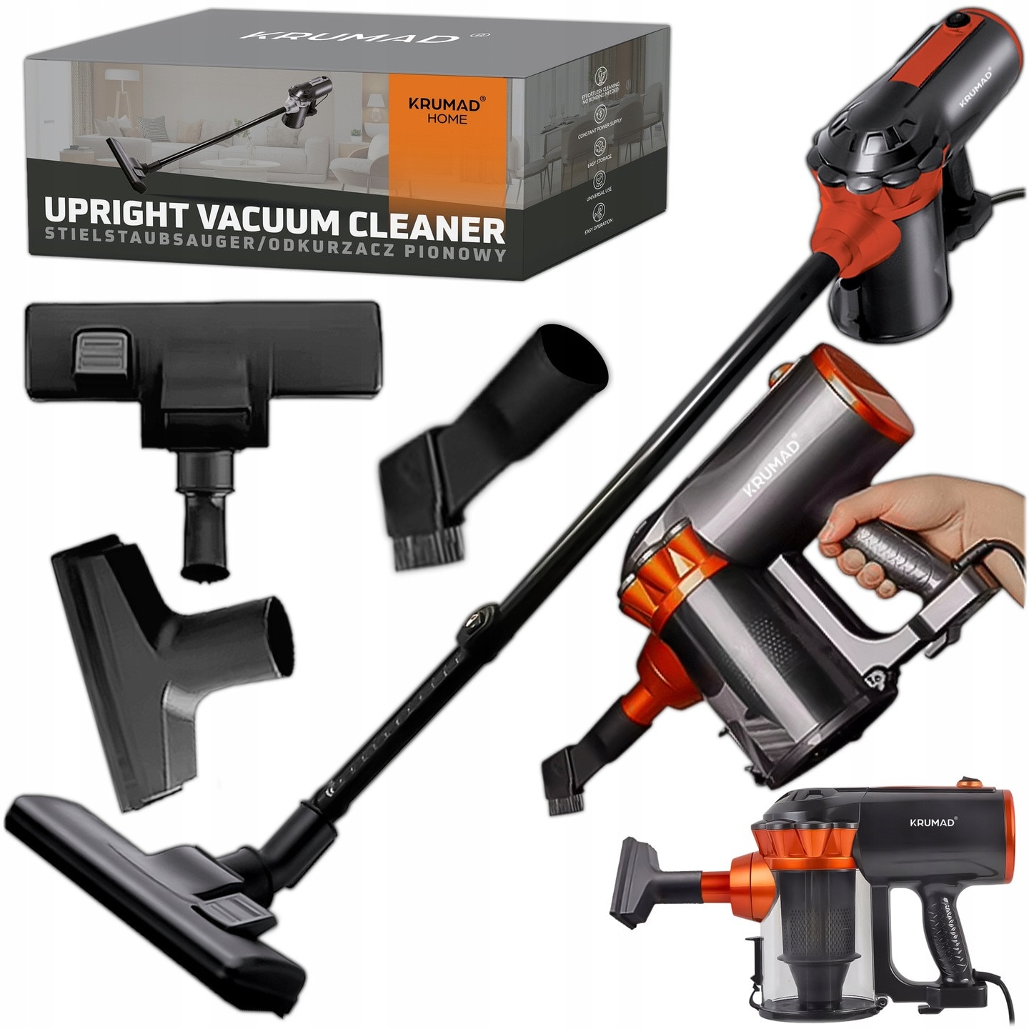 Aspirator vertical KRUMAD 600 W, filtru HEPA, capacitate 1,5 L, negru