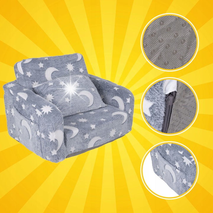 Fotoliu extensibil pentru copii, Kruzzel, plusat, roz, 60x50x40cm