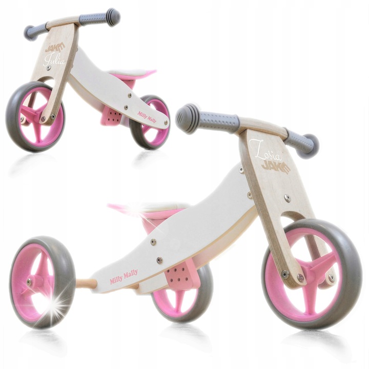 Tricicleta Milly Mally Jake, 2 in 1, personalizata, design din lemn, roz, 12-36 luni