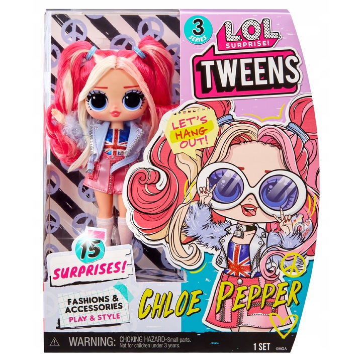 Комплект кукли L.O.L. Surprise Tweens Chloe Pepper, 16,5 см, 15 аксесоара, стил от 90-те