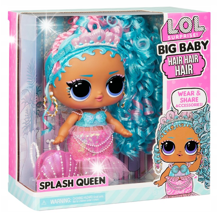 Кукла L.O.L. Surprise Big Baby Hair Hair Hair Splash Queen, 2 героя, включени аксесоари, многоцветна, 4 години+
