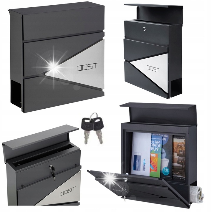 Skrzynka postala antracit, 37x37x10,5 cm, cu deschidere pentru ziare, set cu 2 chei