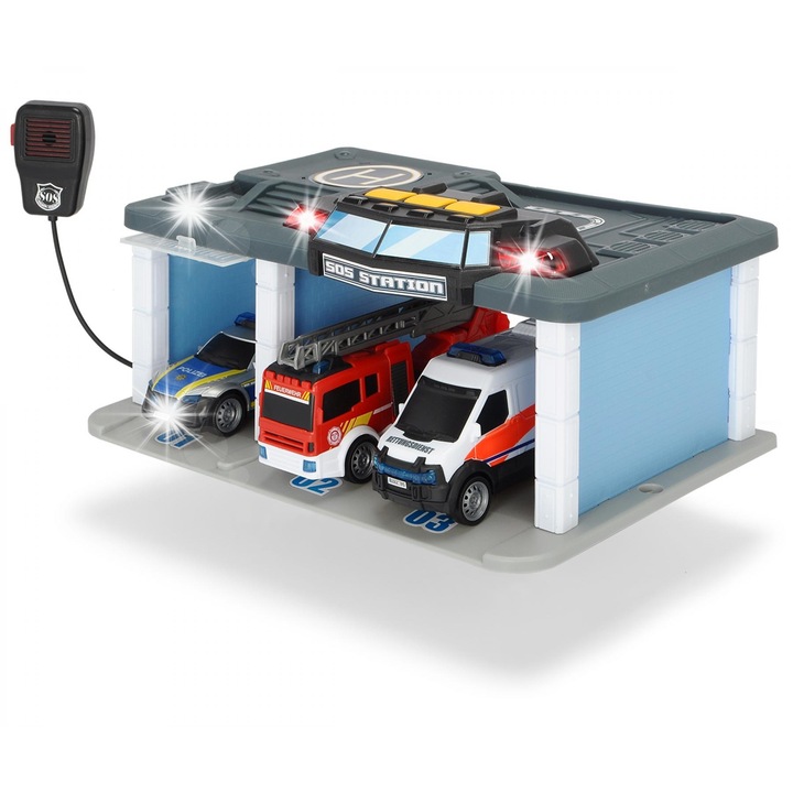 Centru Pomocy Dickie Toys, set SOS cu masini de politie, ambulanta si camion de pompieri, 31x22x16cm, sunet si lumina
