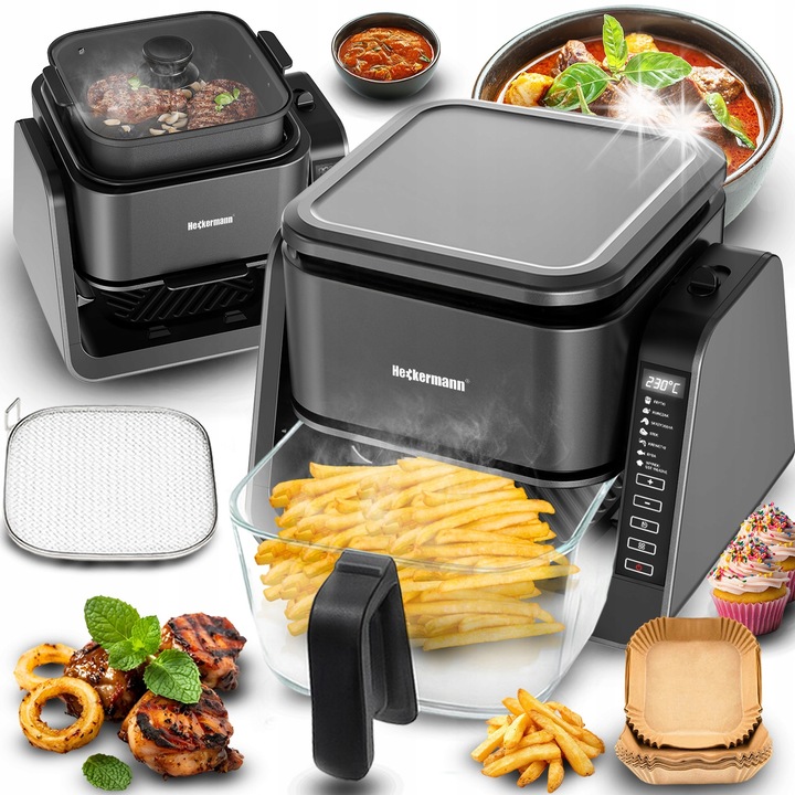 Heckermann 4L, 1700W olajsütő, főzőlap funkció, 8 program, átlátszó
