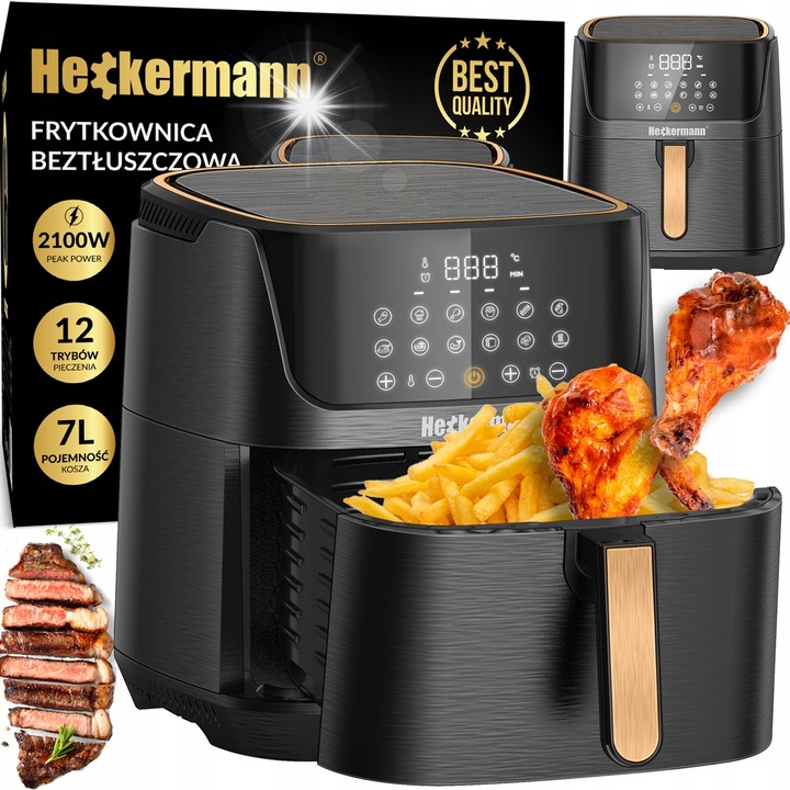 Heckermann 2100W, 7L, rozsdamentes acél, fekete légfritőz
