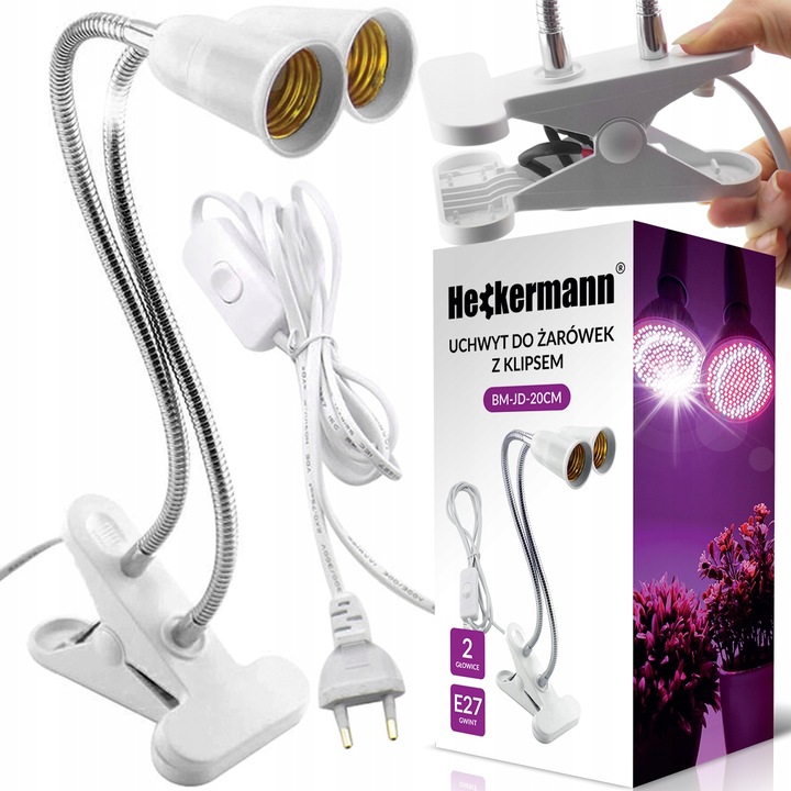 Suport lampa 2xE27 cu clip, Heckermann, 30cm, 1.8m cablu, rotire 360°