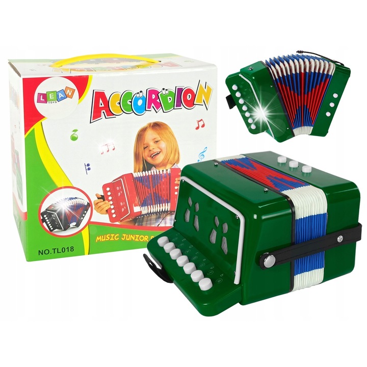 Akordeon pentru copii LEAN Toys, verde, 17x17x10cm, set muzical