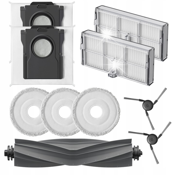Set accesorii pentru robotul de curatare Mova P10 Pro Ultra, 1 perie principala, 2 perii laterale, 2 filtre HEPA, 3 mopuri, 2 saci pentru praf