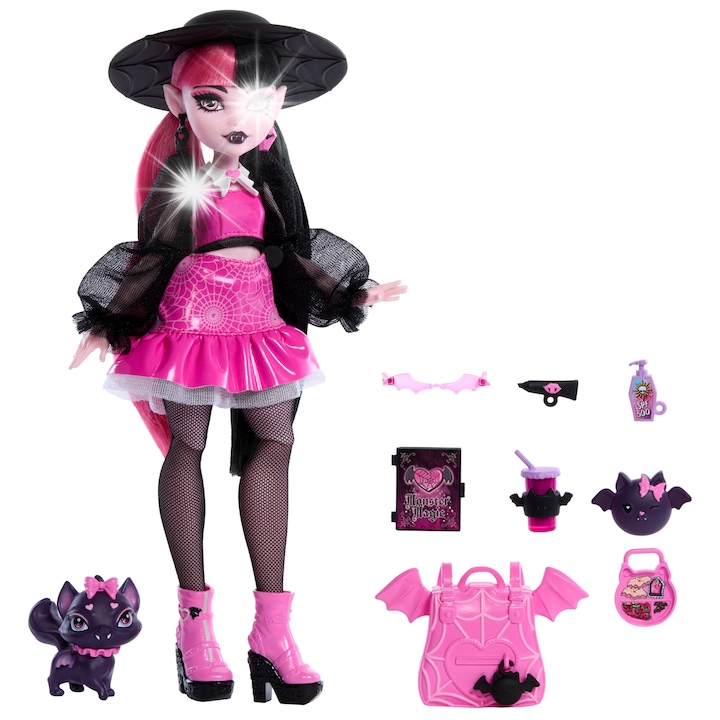 Papusa Monster High Draculaura, 29 cm, roz-petrol, cu accesoriu Hrabia Nietoperz, set