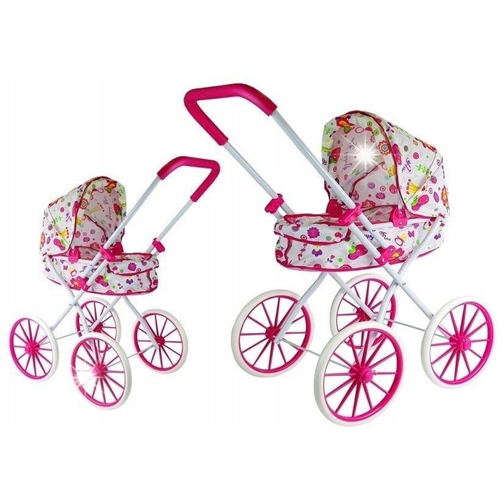 LEAN Toys babakocsi, rózsaszín virágokkal, 75cm magas, 39cm széles, teljes készlet