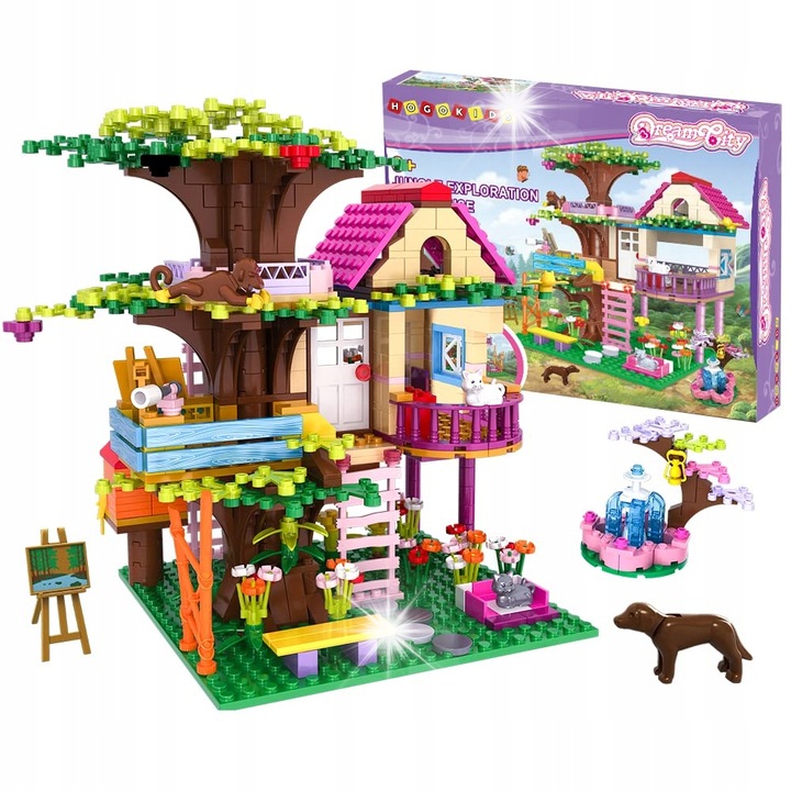 Set de constructie Hogokids, casa pe copac cu fontana si animale, 613 piese, LED, 16x16x21cm