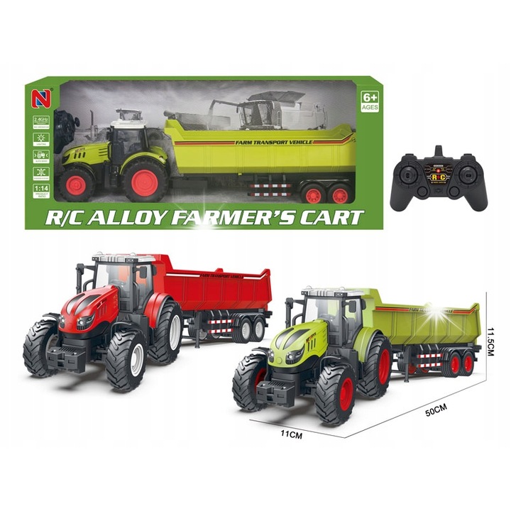 Távirányítós traktor rakodóval, Nobo Kids, 50cm, Piros és Zöld színű, Komplett szett távirányítóval és kiegészítőkkel