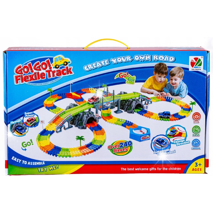 Set de constructie pentru copii, DK, tor de masini 240 elemente, 2 masini, multicolor, dimensiuni masina 9,5x5x5cm, dimensiuni segment 7,5x2x2cm