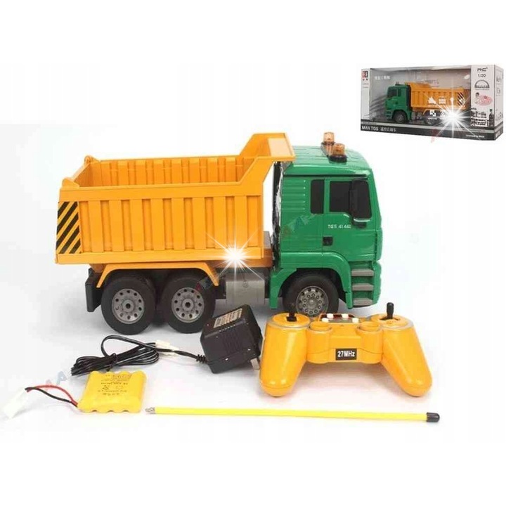 Камион със самосвал с дистанционно управление Double E E520, 1:20, 4,8 V, 2,4 GHz, 35x18x14 см, пълен комплект