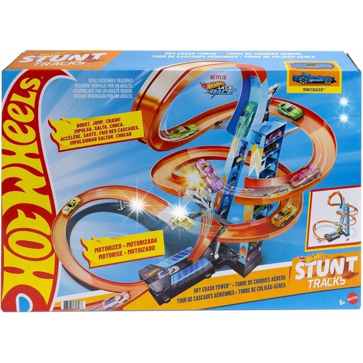 Set pista Hot Wheels Sky Crash Tower, 1 masinuta, portocalie, 80cm