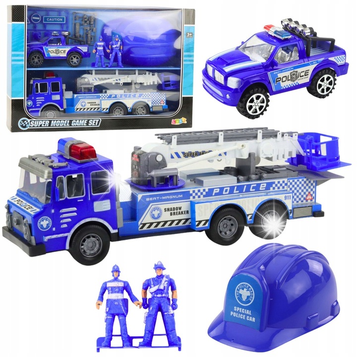 Set masinute politie, LEAN TOYS, figurine, casca, albastru