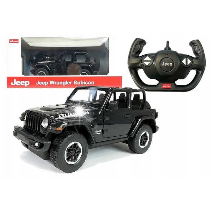 R/C Jeep Wrangler Rubicon 1:14 autó, fekete, 30x18x15cm, világítással és nyitható ajtókkal