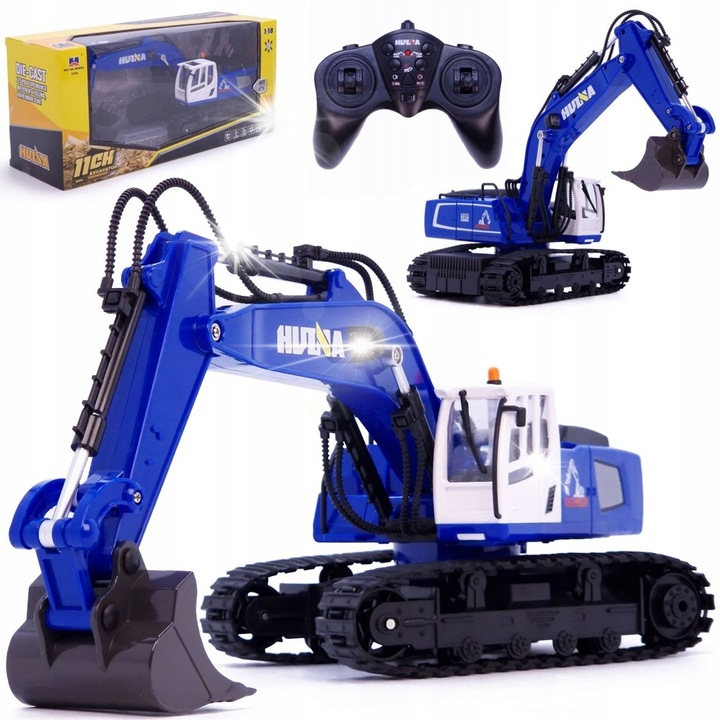 Excavator cu telecomanda Huina 1:18, cauciuc, 25m, albastru, set complet