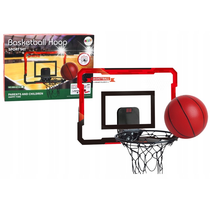 Комплект детски баскетболен кош, LEAN TOYS, с брояч, прозрачен материал, черни и червени цветове, за закрито и открито