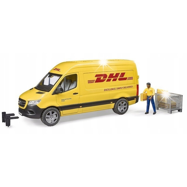 Masinuta Bruder MB Sprinter DHL, set cu figurina si accesorii, 43.5x16.3x18.5cm, multicolor