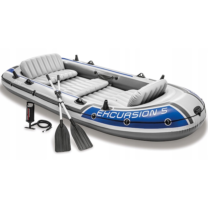 Barca gonflabila, Intex, 5 persoane, 366x168x43 cm, cu vasle si pompa